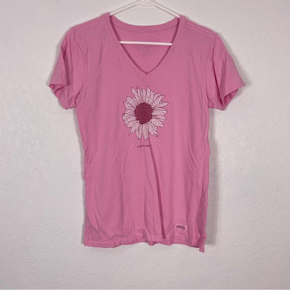 Life‎ Is Good Light Pink Floral Front V Neck Short Sleeve Size Small